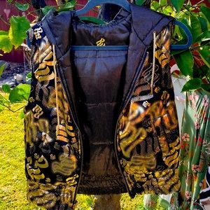 Rocawear Jay z puffer Vest Gold Blk Hood reversible sz Women L /XL 1990s hoodie